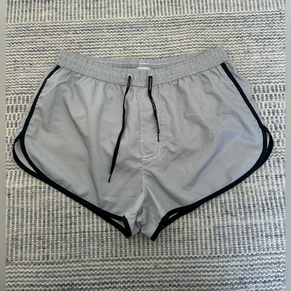Men’s Black and White Striped Swim Shorts with Black Trim